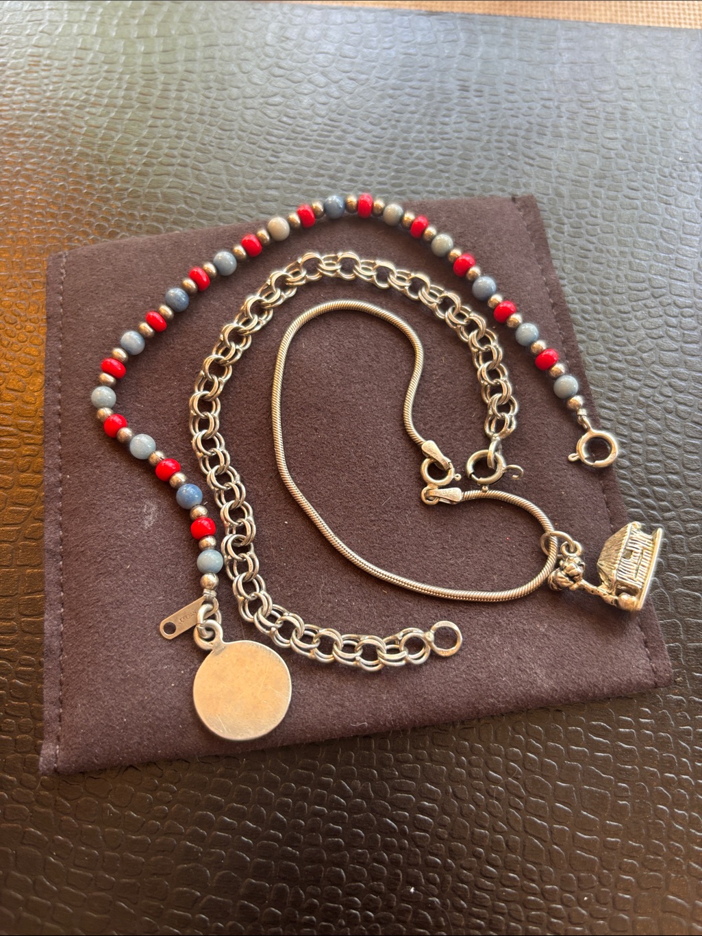 3 Silver BraceletsSilver Bead  Chain Silver Link And Silver Charm Bracelet